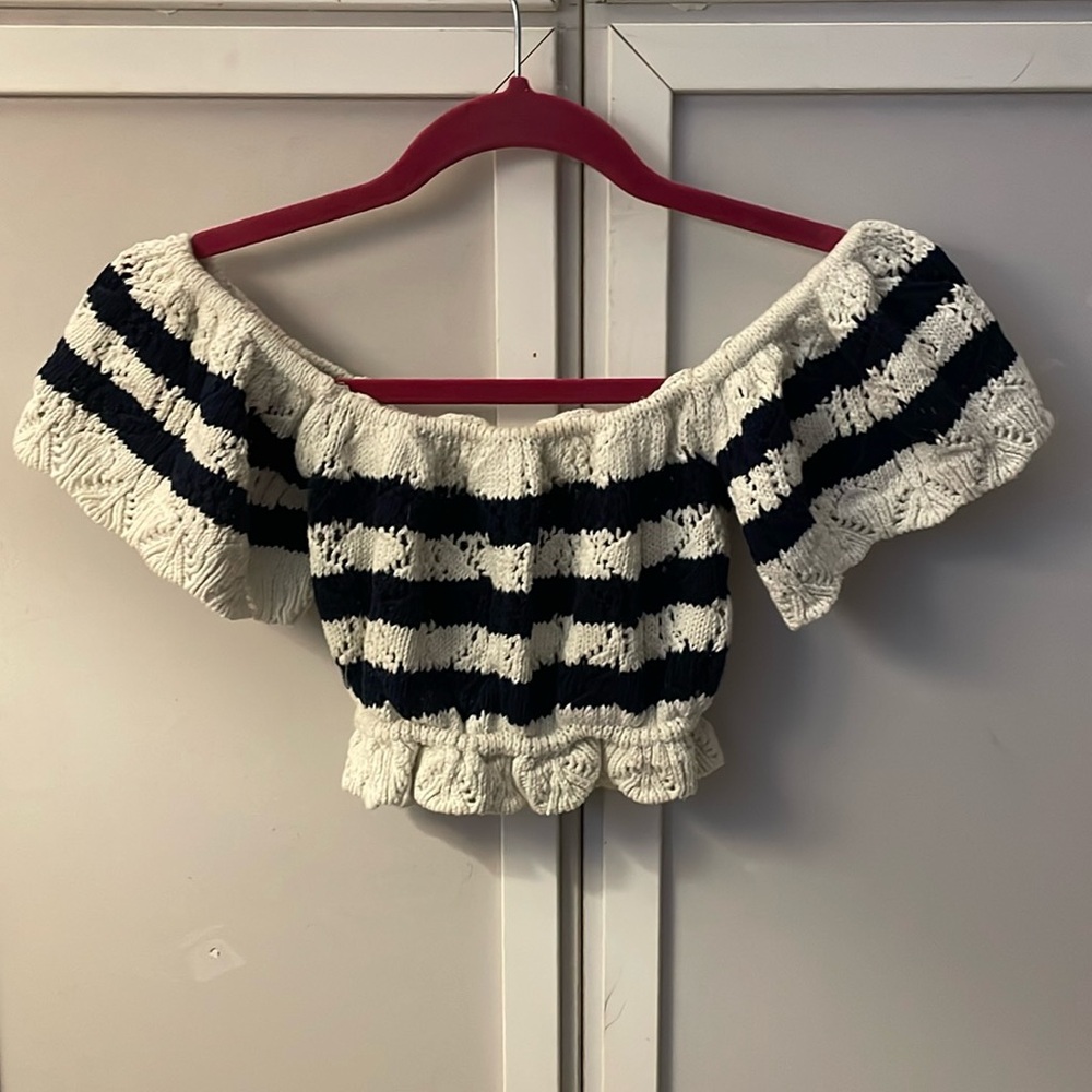 Zara XS Crochet Navy and White Stripped Off the Shoulder Crop Top
